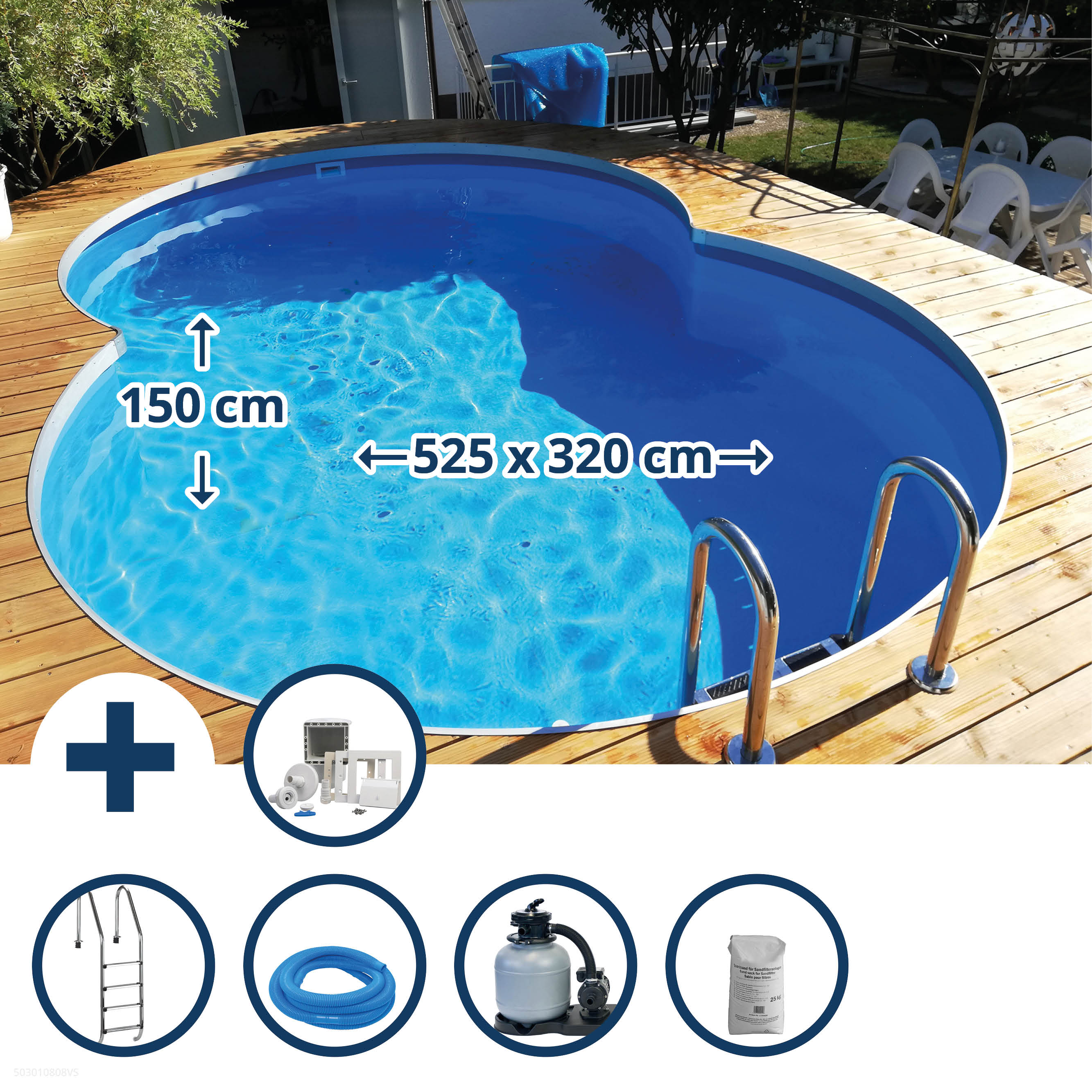 Stahlwandpool Set (10-teilig) tief achtform Cannes 525x320x150 cm, Stahl 0,8mm weiß Folie 0,6mm blau